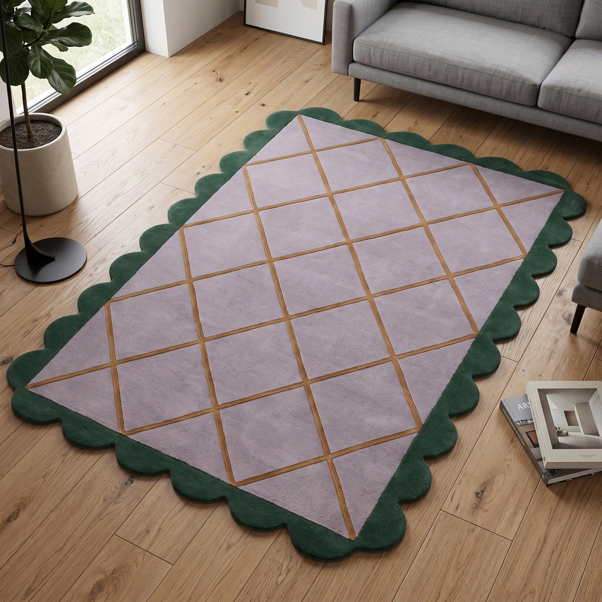 Modern Hand Tufted Wool Rug, Scalloped Border, Geometric Diamond Pattern,