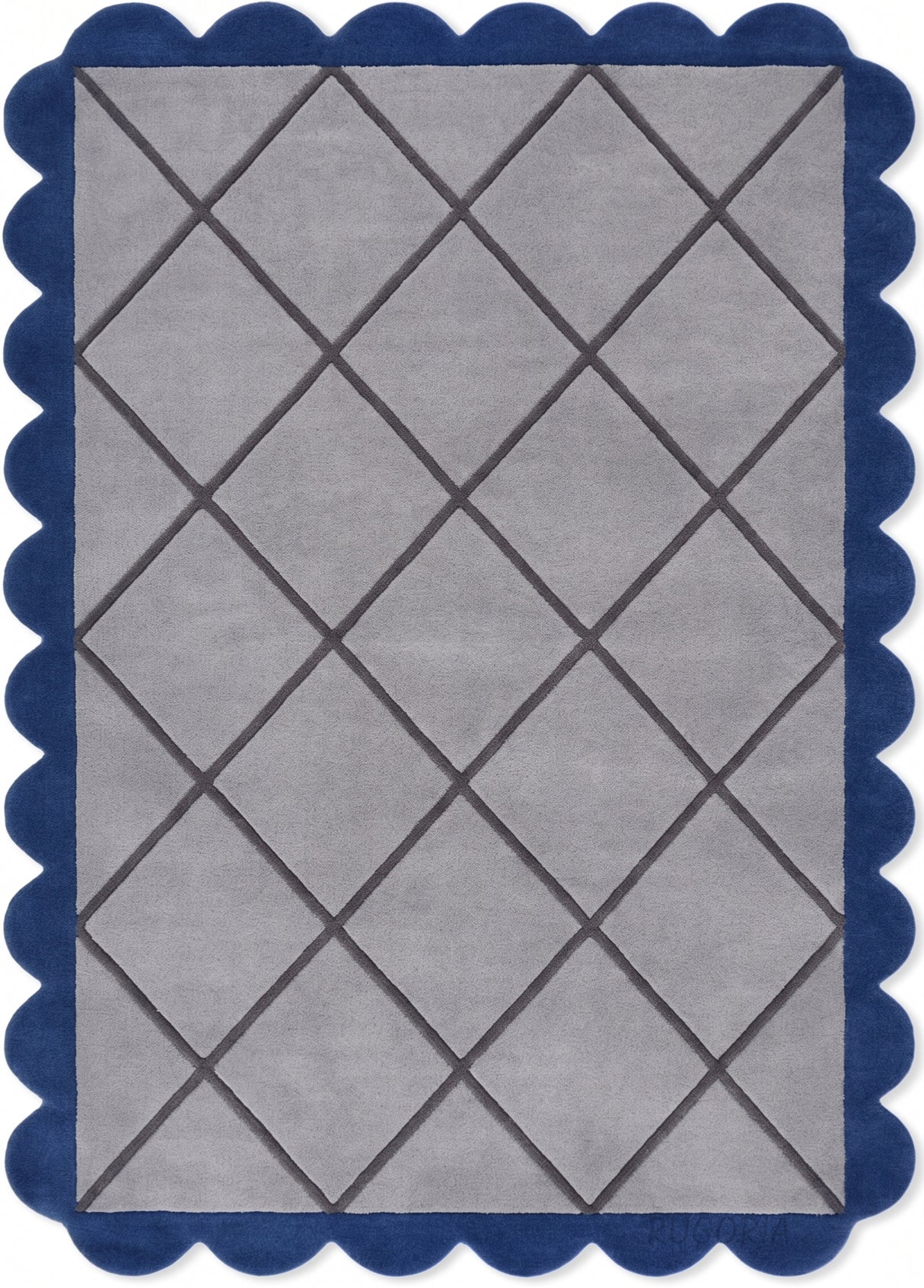 Modern Hand Tufted Wool Rug, Scalloped Border, Geometric Diamond Pattern,