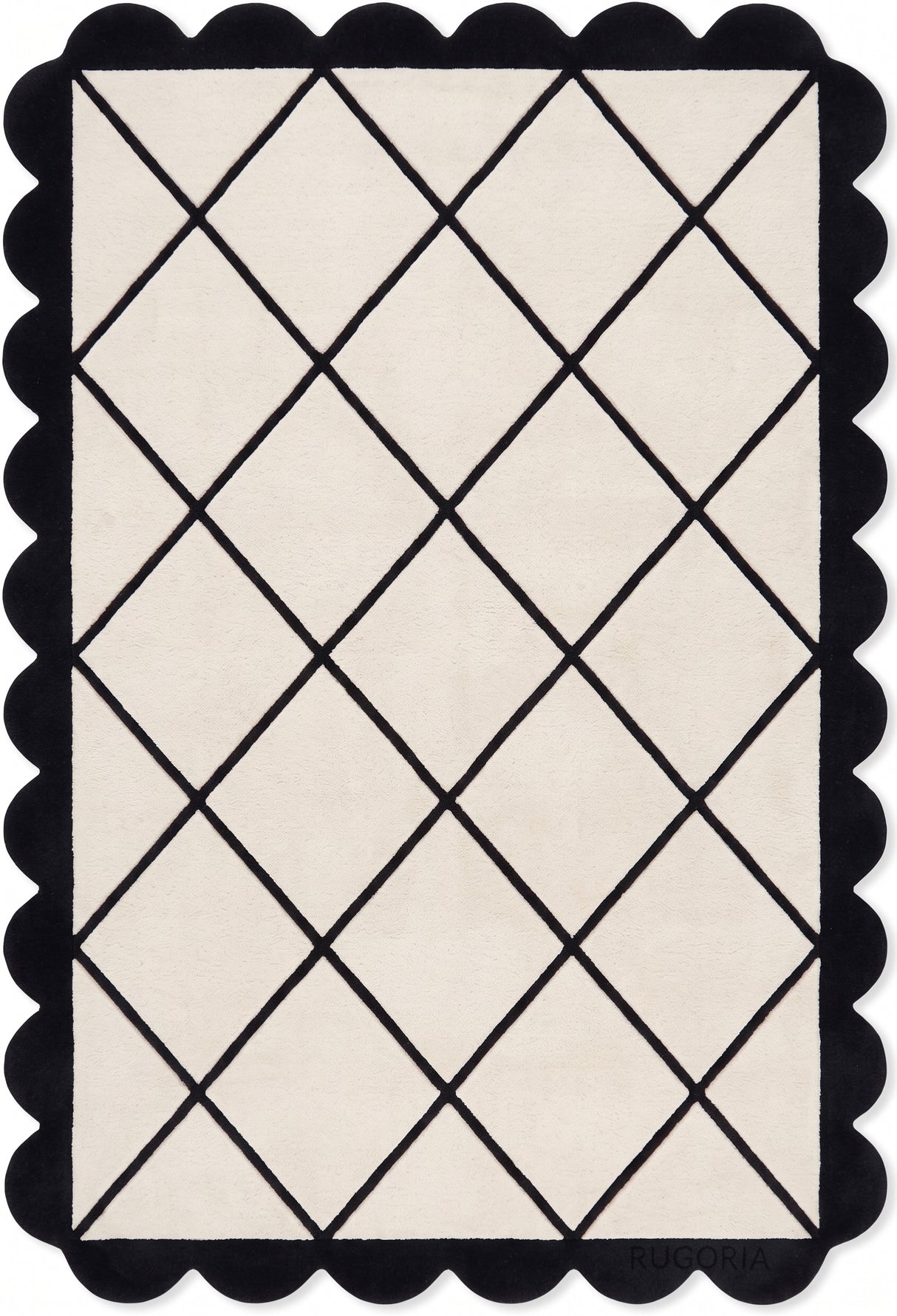 Modern Hand Tufted Wool Rug, Scalloped Border, Geometric Diamond Pattern,