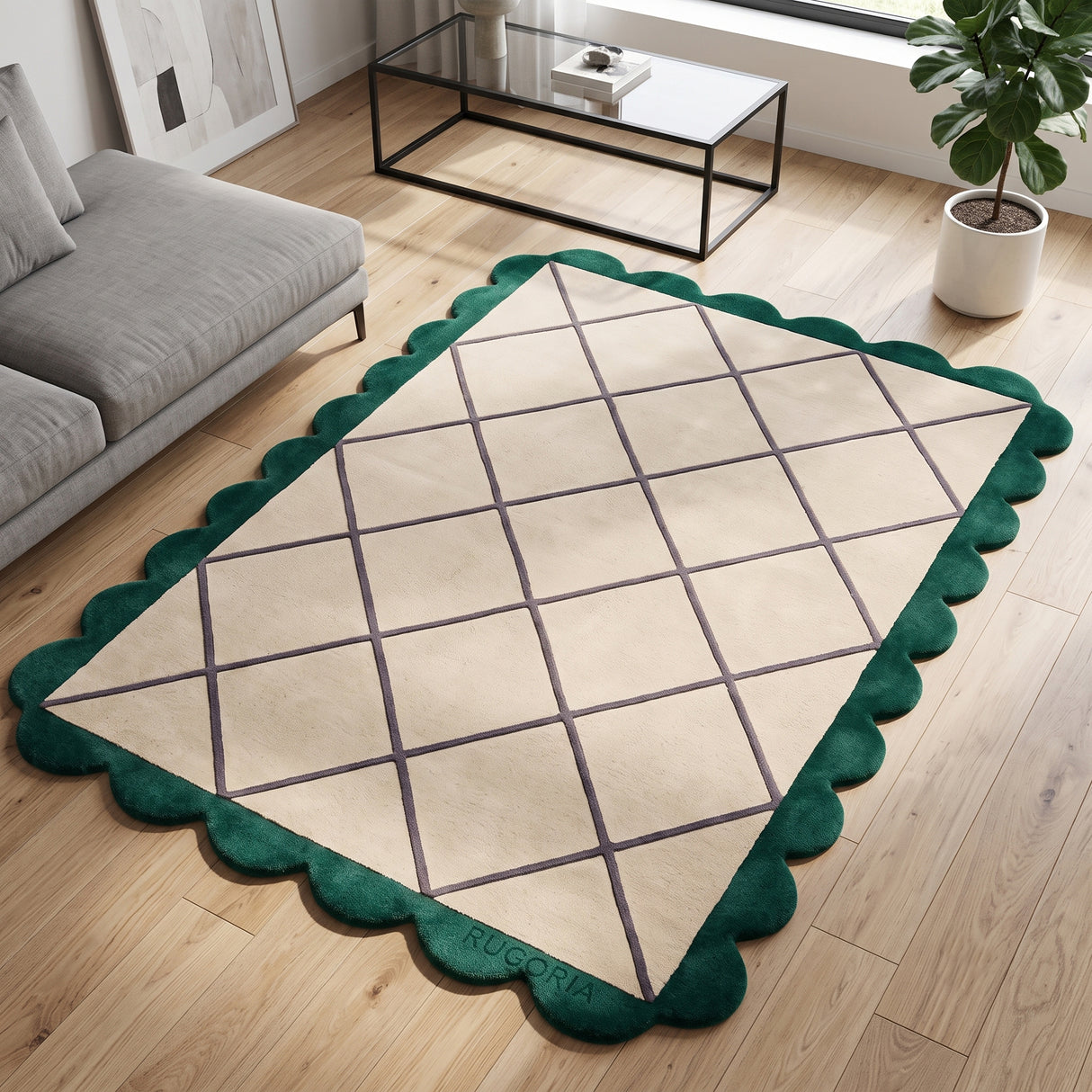 Modern Hand Tufted Wool Rug, Scalloped Border, Geometric Diamond Pattern,