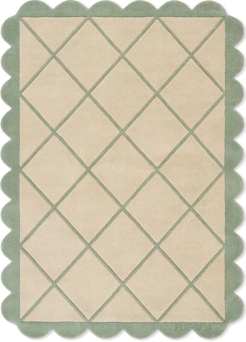 Modern Hand Tufted Wool Rug, Scalloped Border, Geometric Diamond Pattern,