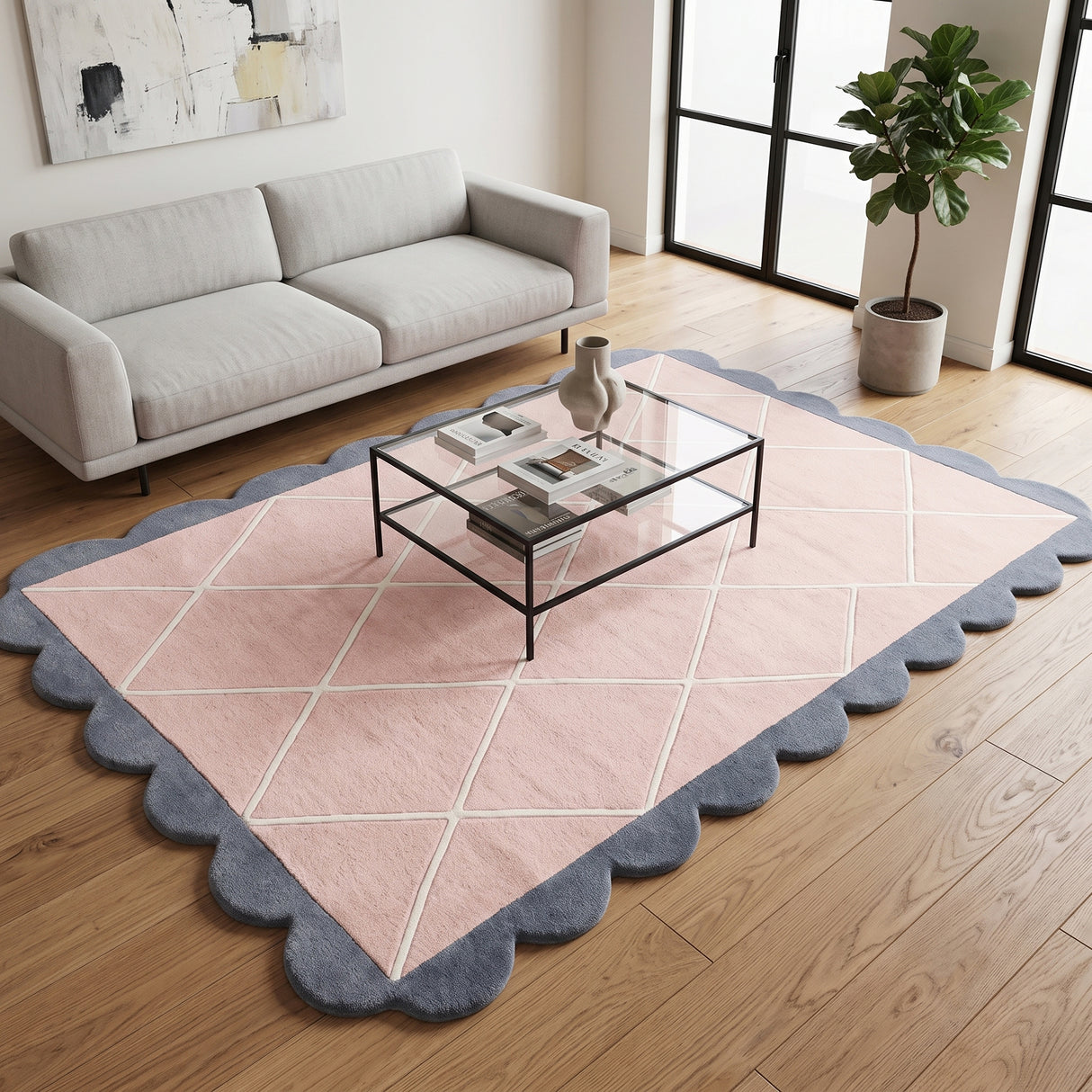 Modern Hand Tufted Wool Rug, Scalloped Border, Geometric Diamond Pattern,