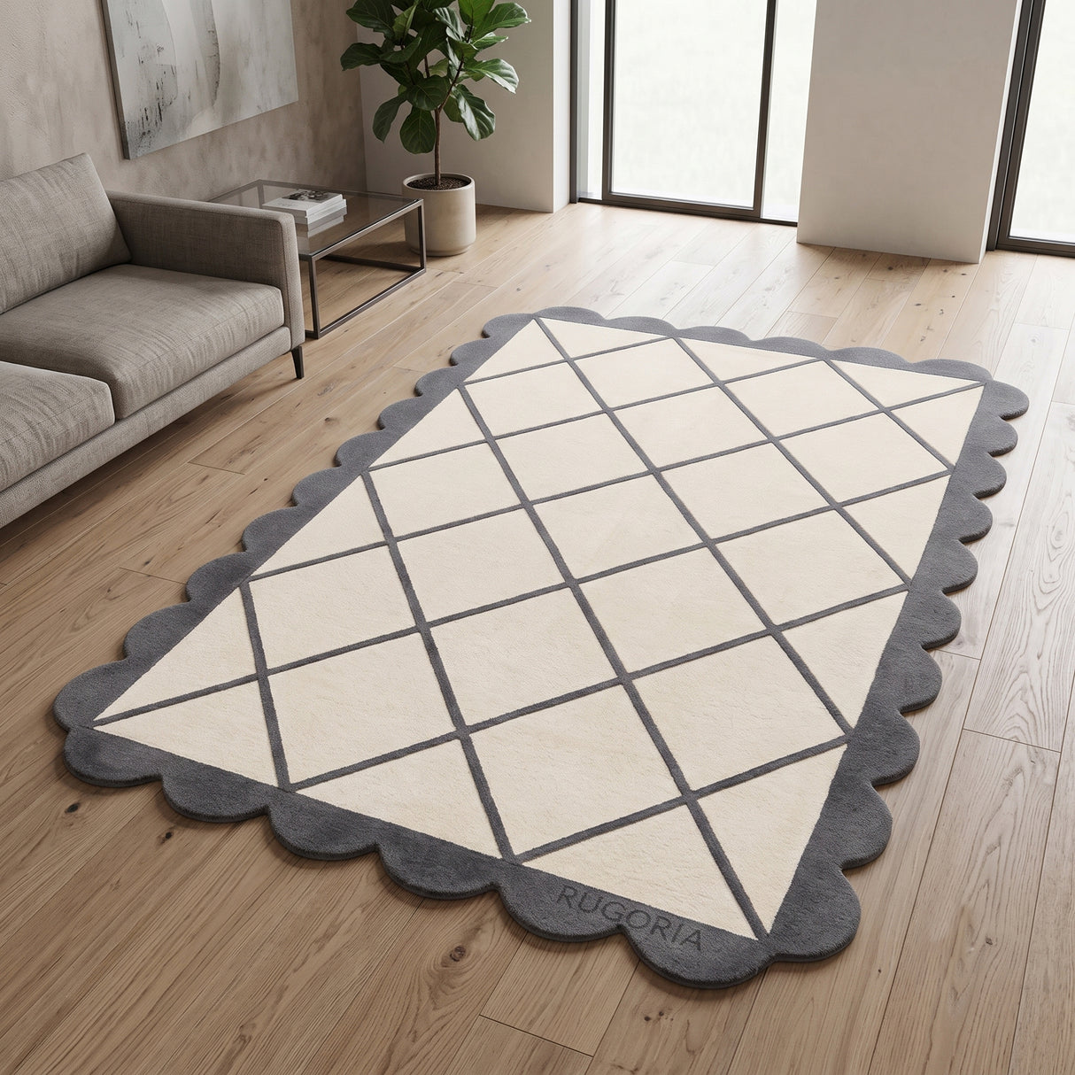 Modern Hand Tufted Wool Rug, Scalloped Border, Geometric Diamond Pattern,