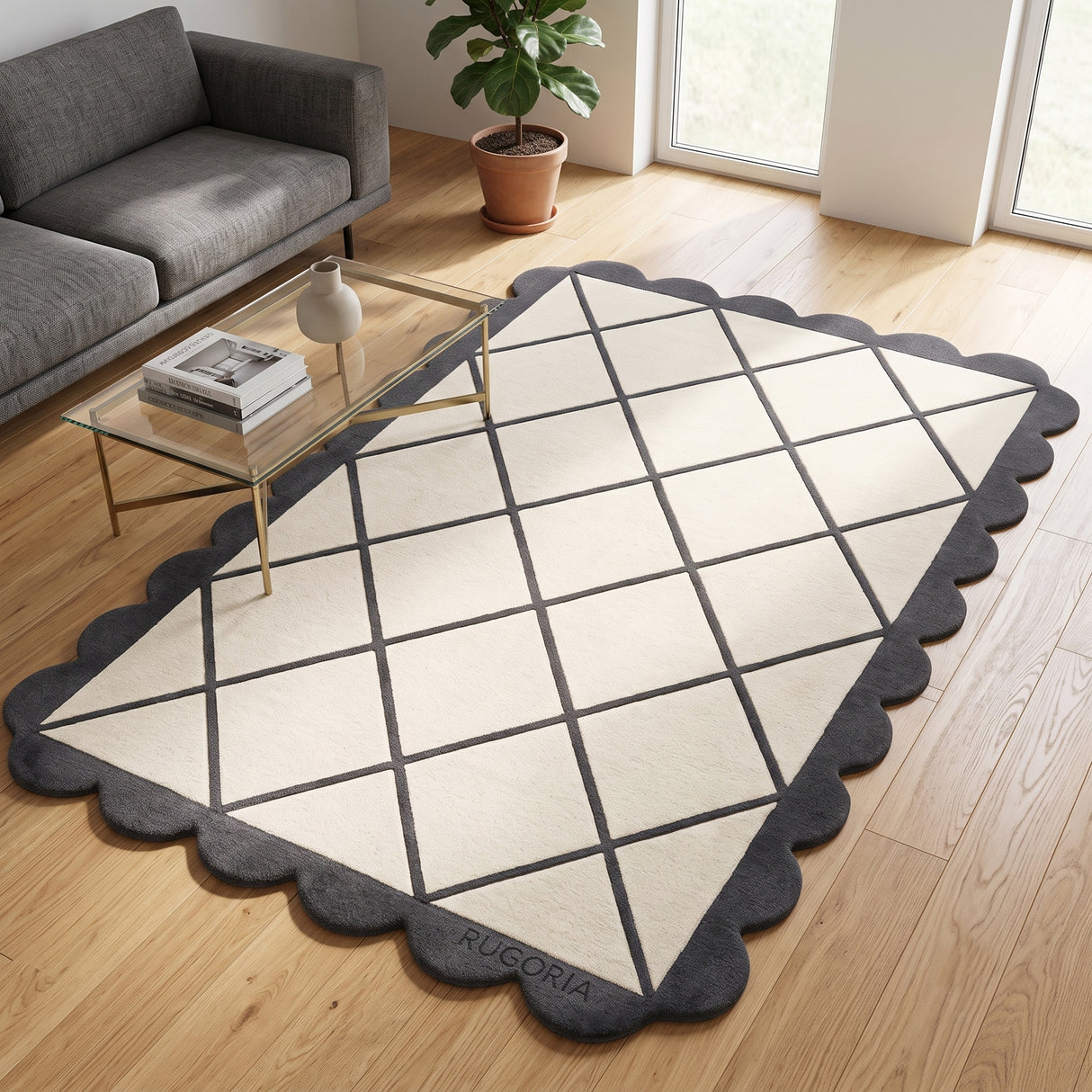 Modern Hand Tufted Wool Rug, Scalloped Border, Geometric Diamond Pattern,
