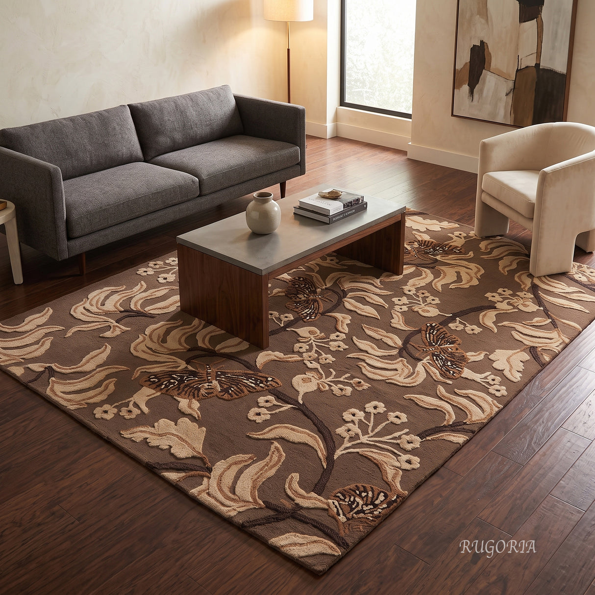 Hand Tufted Wool Rug, Floral Butterfly Botanical Pattern
