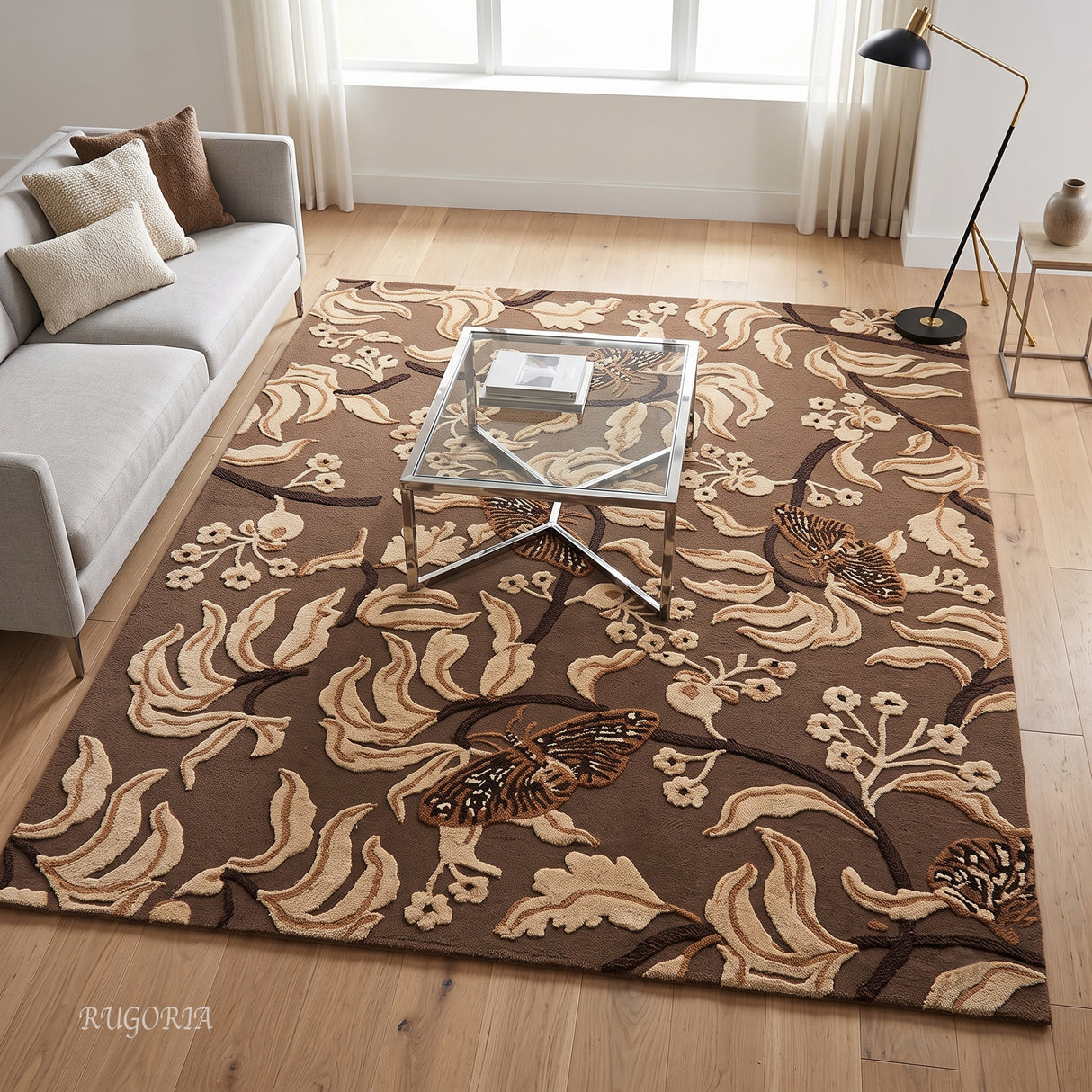 Hand Tufted Wool Rug, Floral Butterfly Botanical Pattern