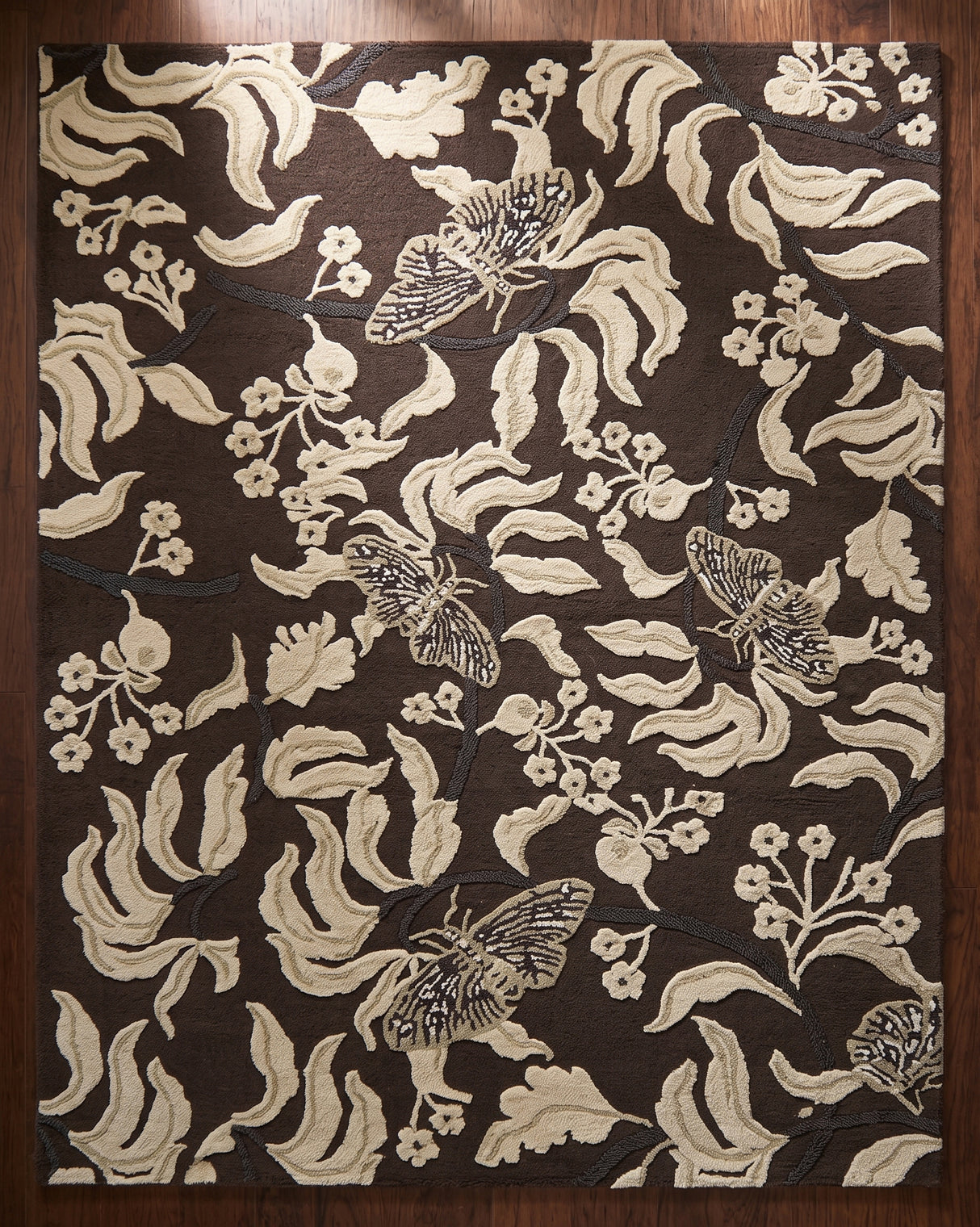 Hand Tufted Wool Rug, Floral Butterfly Botanical Pattern