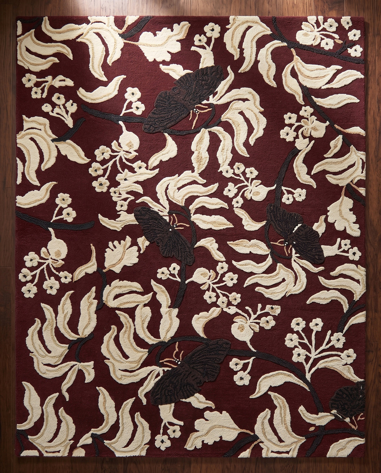 Hand Tufted Wool Rug, Floral Butterfly Botanical Pattern