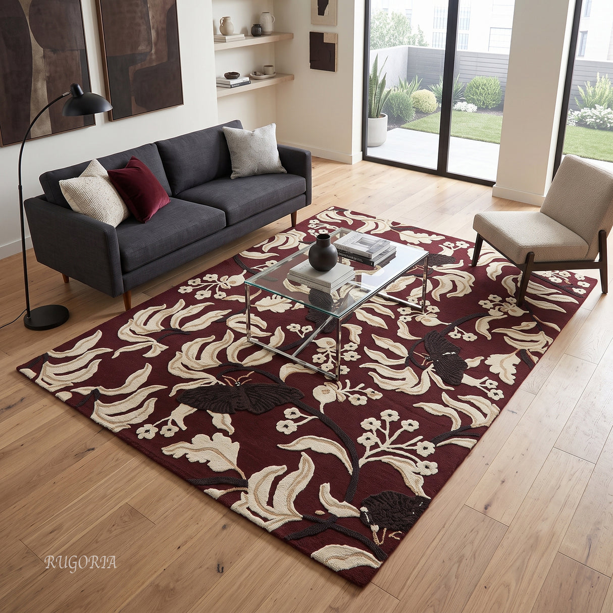Hand Tufted Wool Rug, Floral Butterfly Botanical Pattern