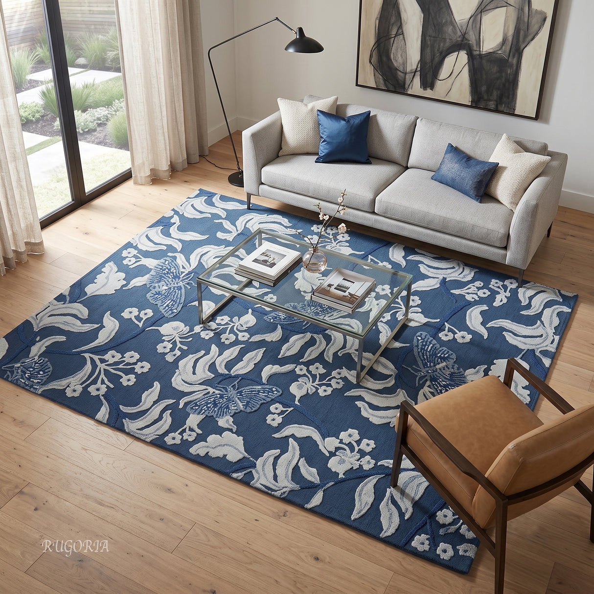 Hand Tufted Wool Rug, Floral Butterfly Botanical Pattern
