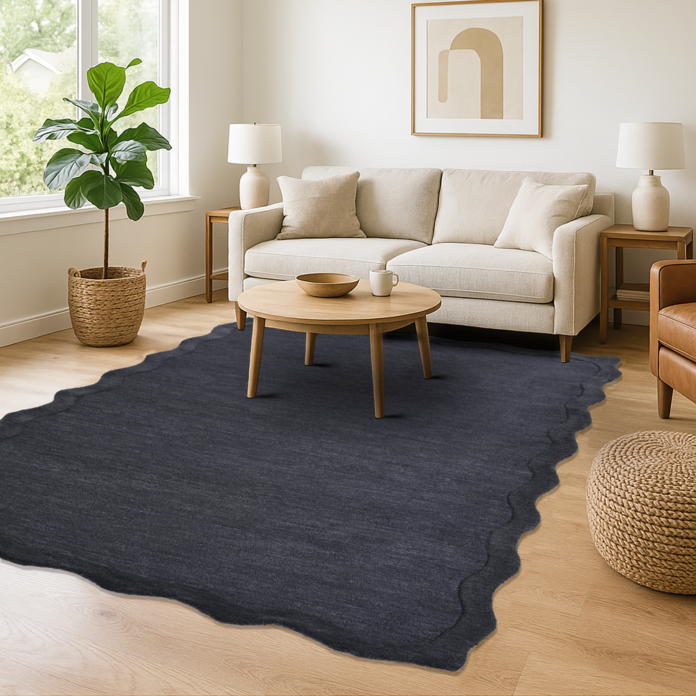 Scalloped Wool Rug – Hand-Tufted, Thick & Soft, Wavy Edge with Cotton Backing