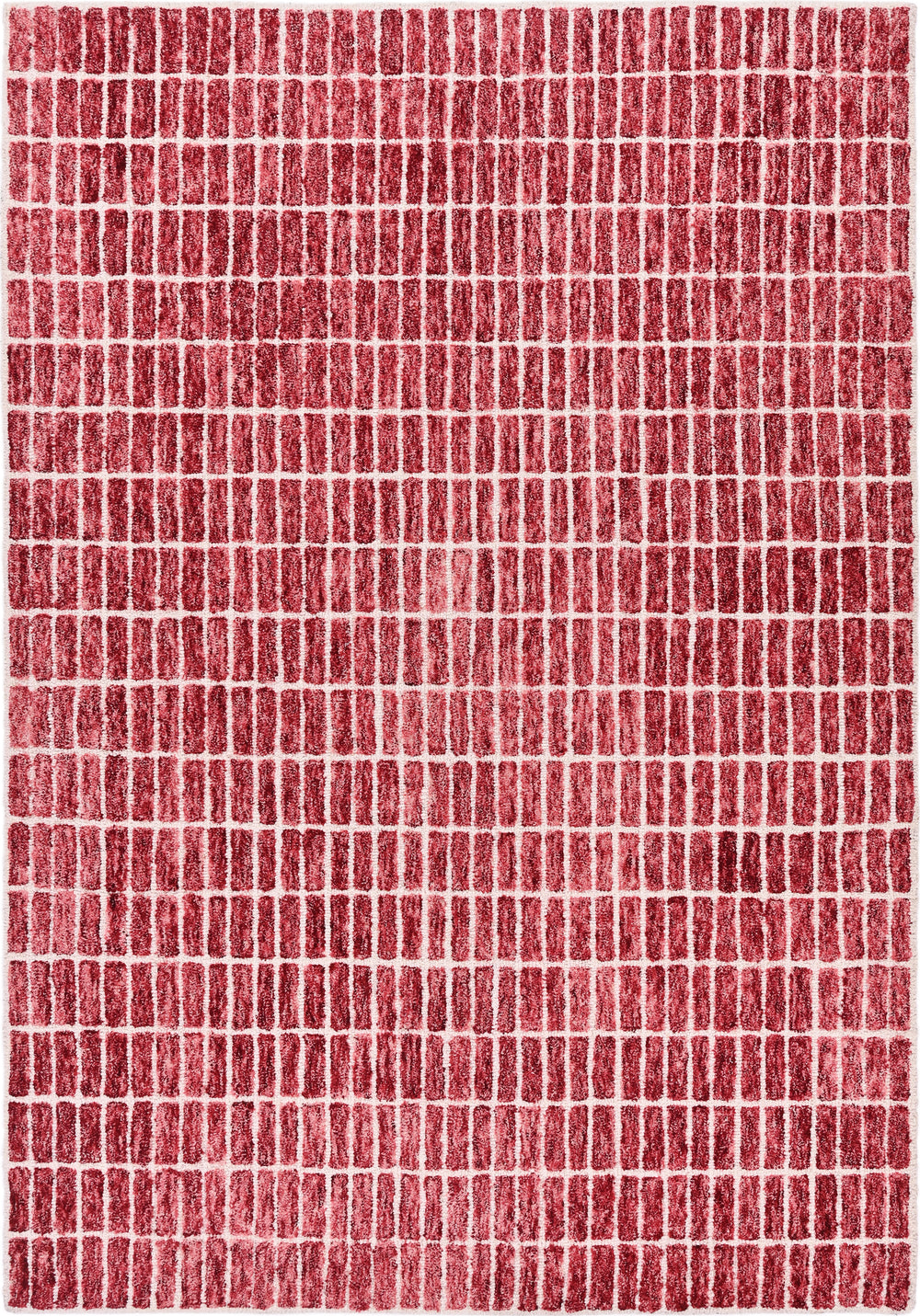 Close-up red textured rug with grid pattern.