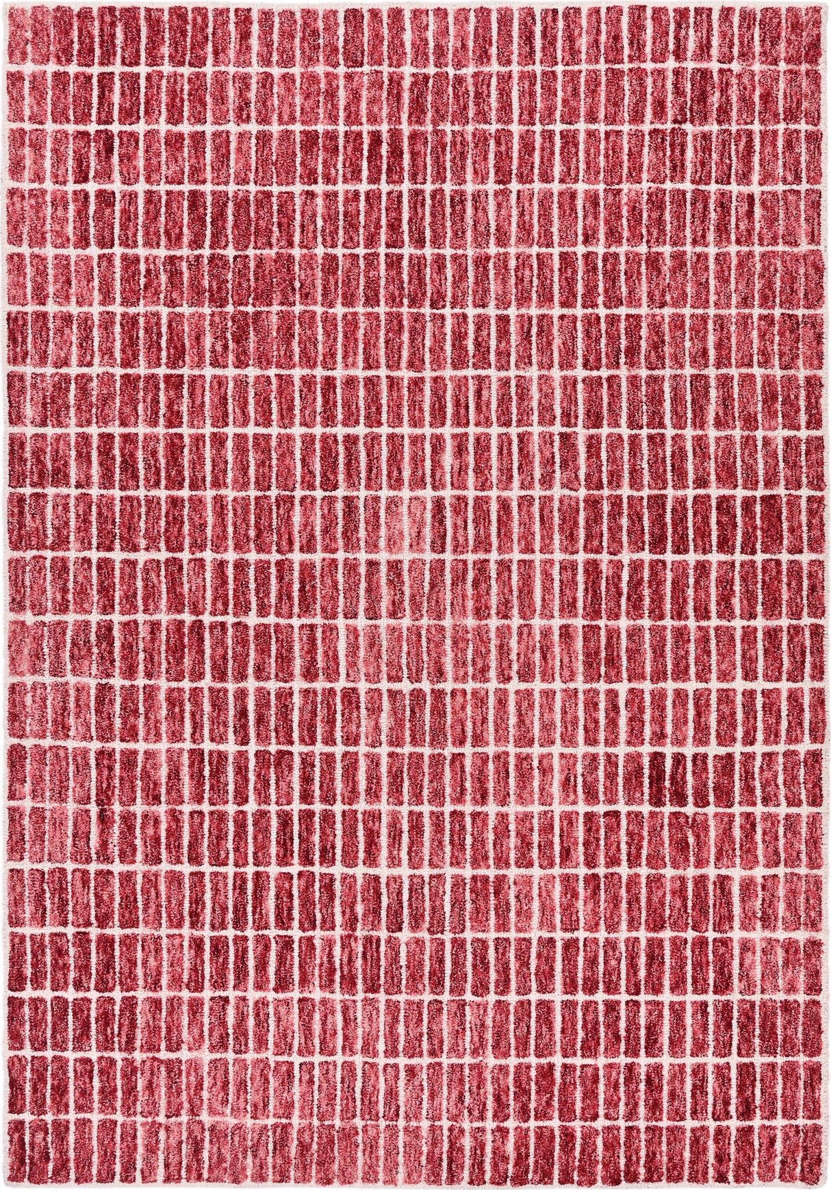 Close-up red textured rug with grid pattern.