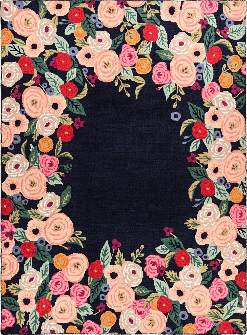 Hand-Tufted Wool Area Rug with Plush Thick Pile and Vibrant Floral Border Design - Decorative Navy Center Carpet for Living Room, Bedroom, or Office Decor