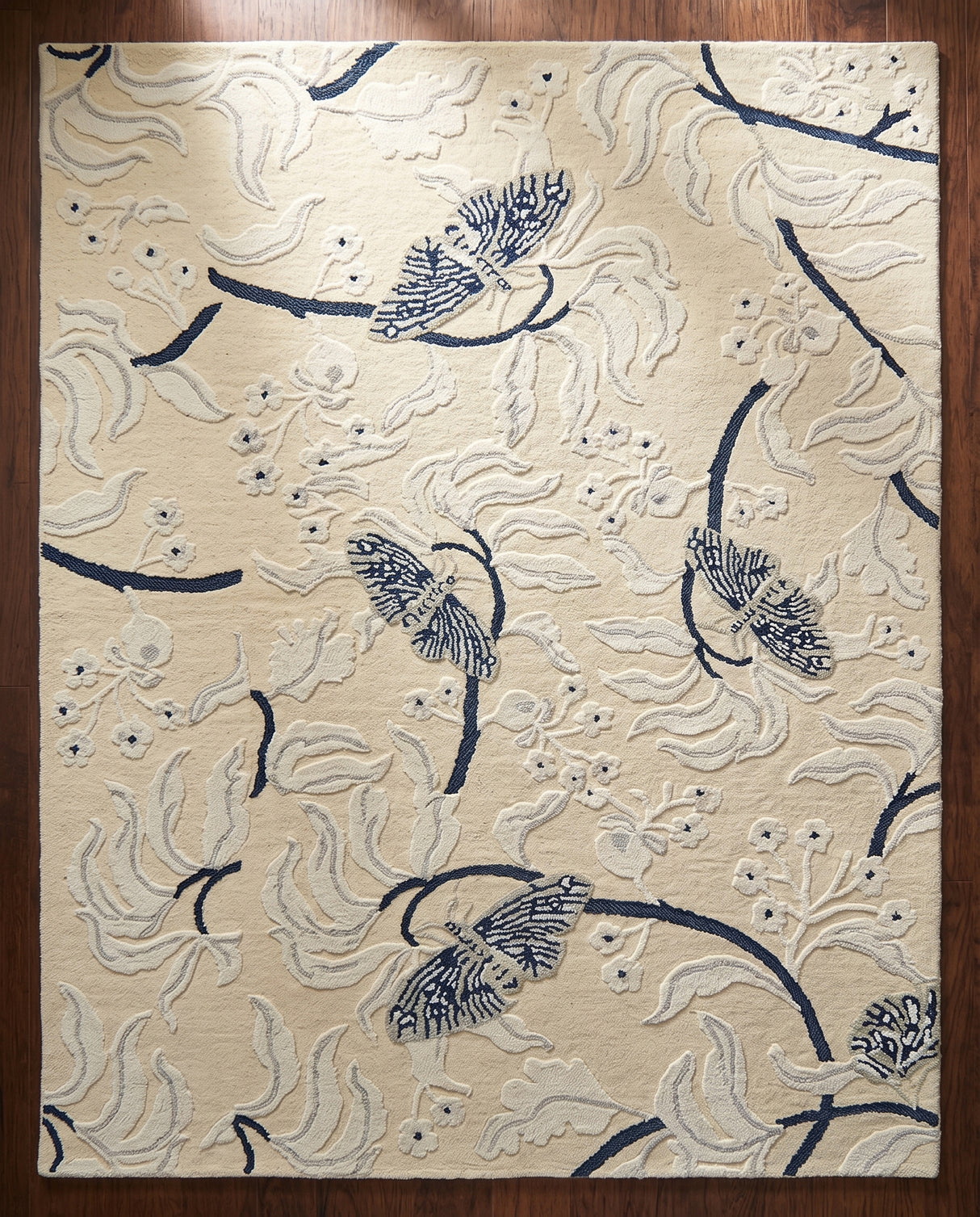 Hand Tufted Wool Rug, Floral Butterfly Botanical Pattern