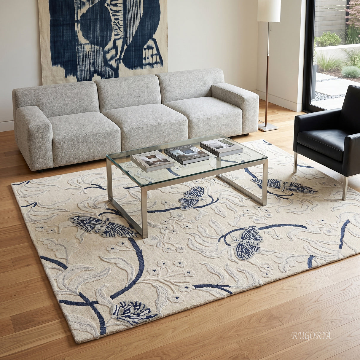 Hand Tufted Wool Rug, Floral Butterfly Botanical Pattern