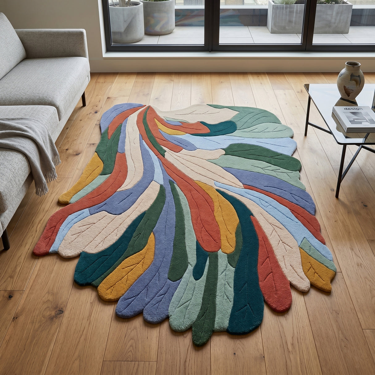 Handmade Irregular Shape Wool Rug | Unique Contemporary Colorful Botanical Design