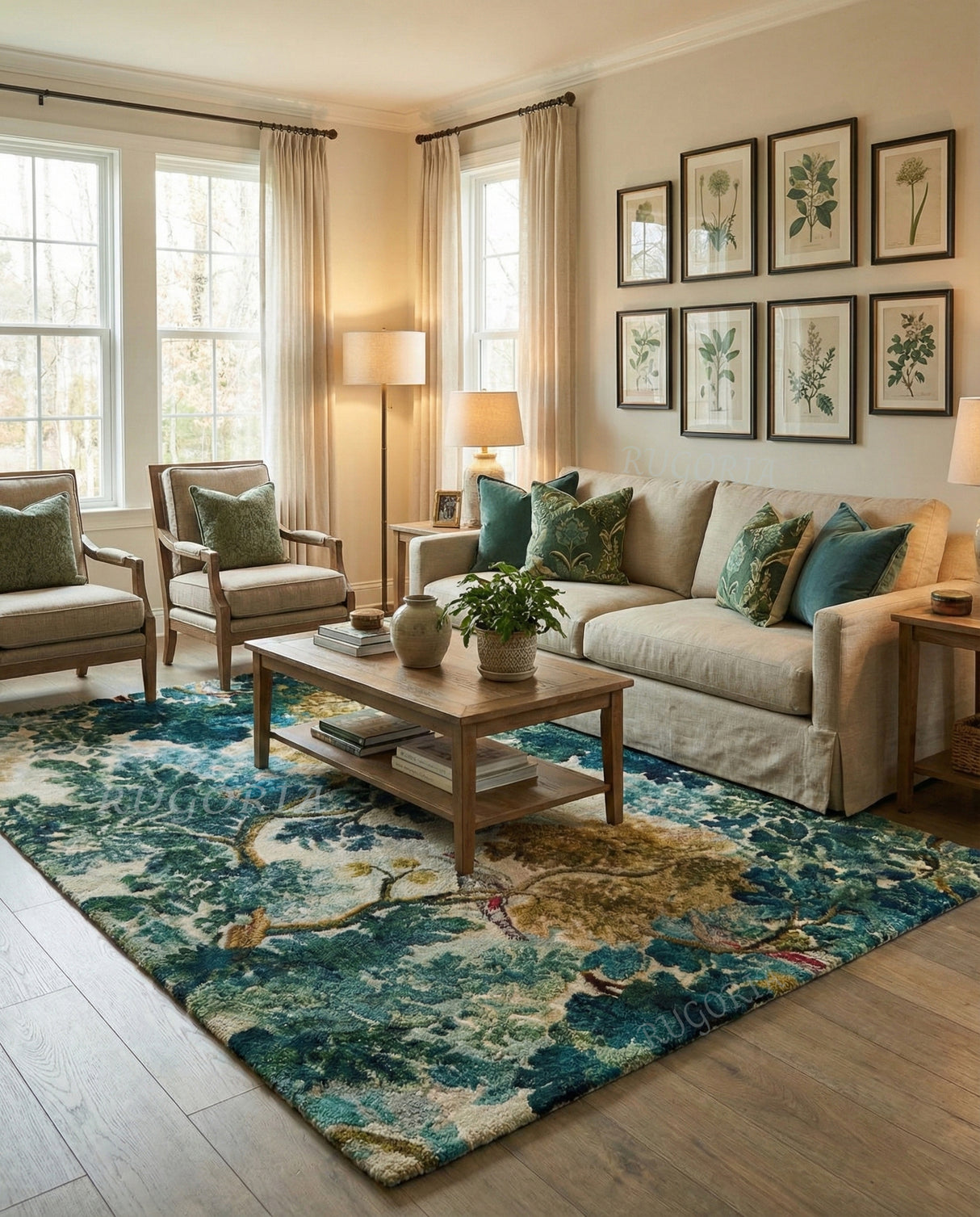 Hand-Tufted Wool & Viscose Rug, Nature-Inspired Tree & Bird Botanical Design