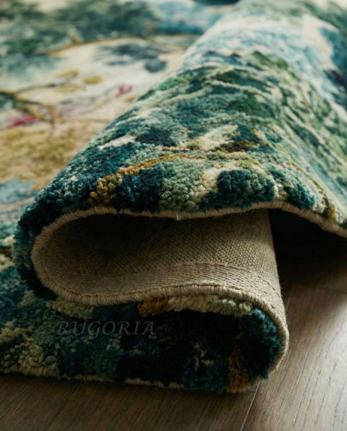 Hand-Tufted Wool & Viscose Rug, Nature-Inspired Tree & Bird Botanical Design