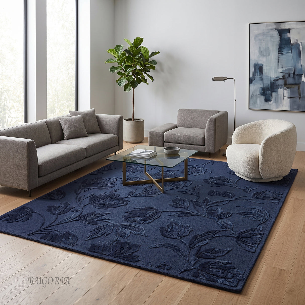 Hand Tufted Floral Wool Area Rug, Raised Botanical Carved Design