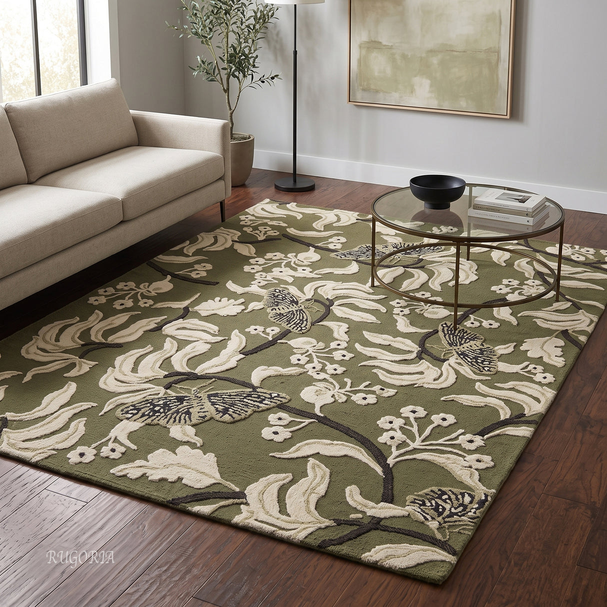Hand Tufted Wool Rug, Floral Butterfly Botanical Pattern