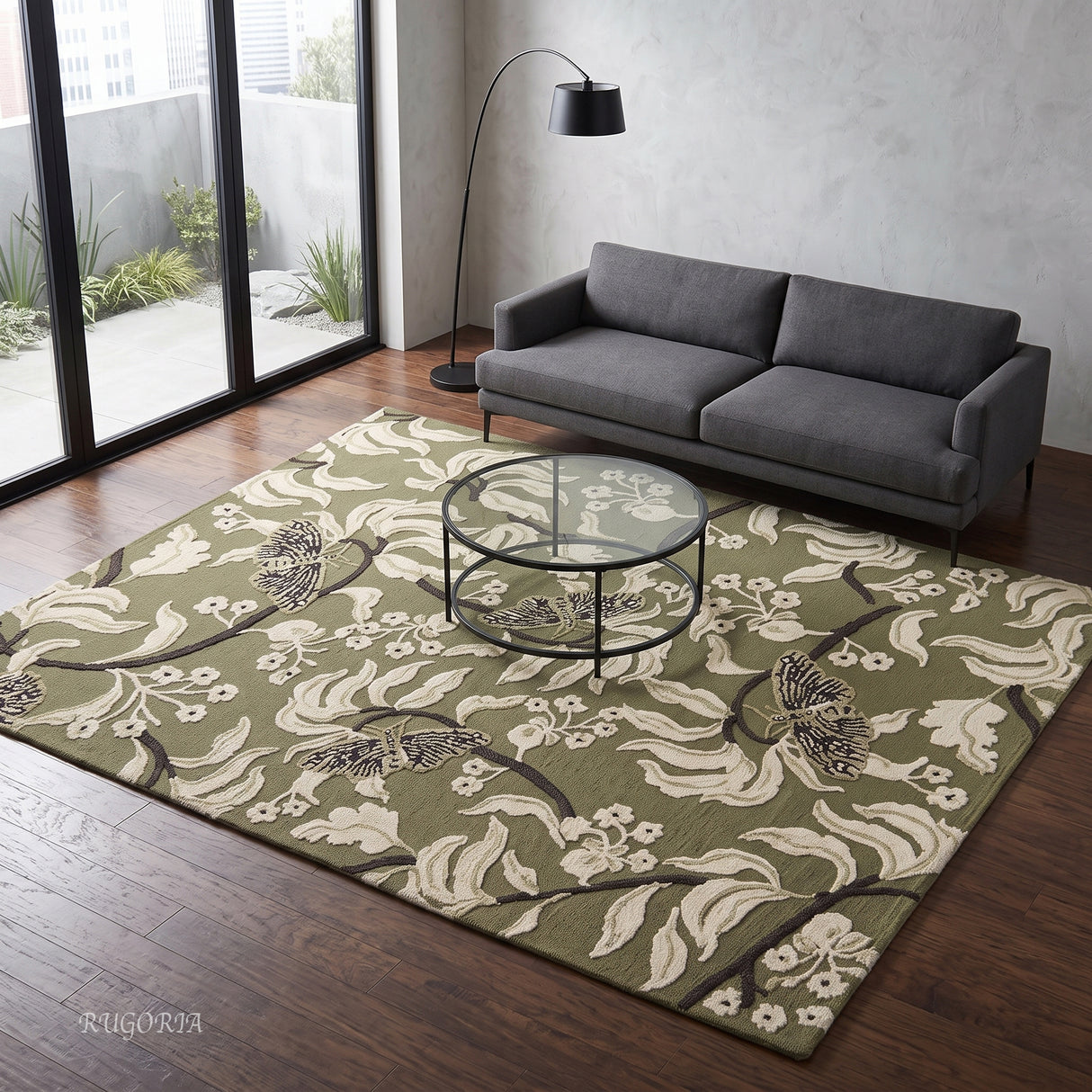 Hand Tufted Wool Rug, Floral Butterfly Botanical Pattern
