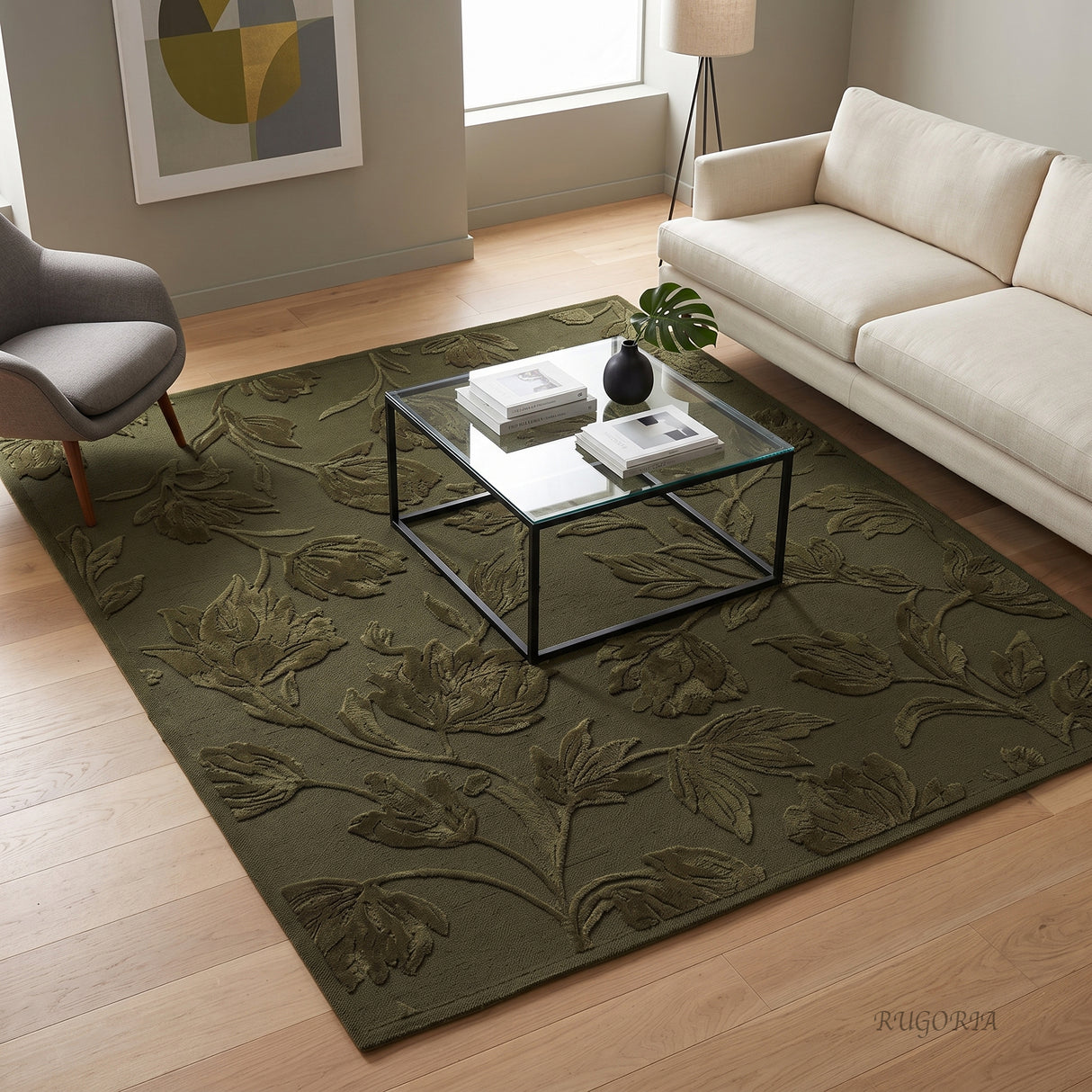 Hand Tufted Floral Wool Area Rug, Raised Botanical Carved Design