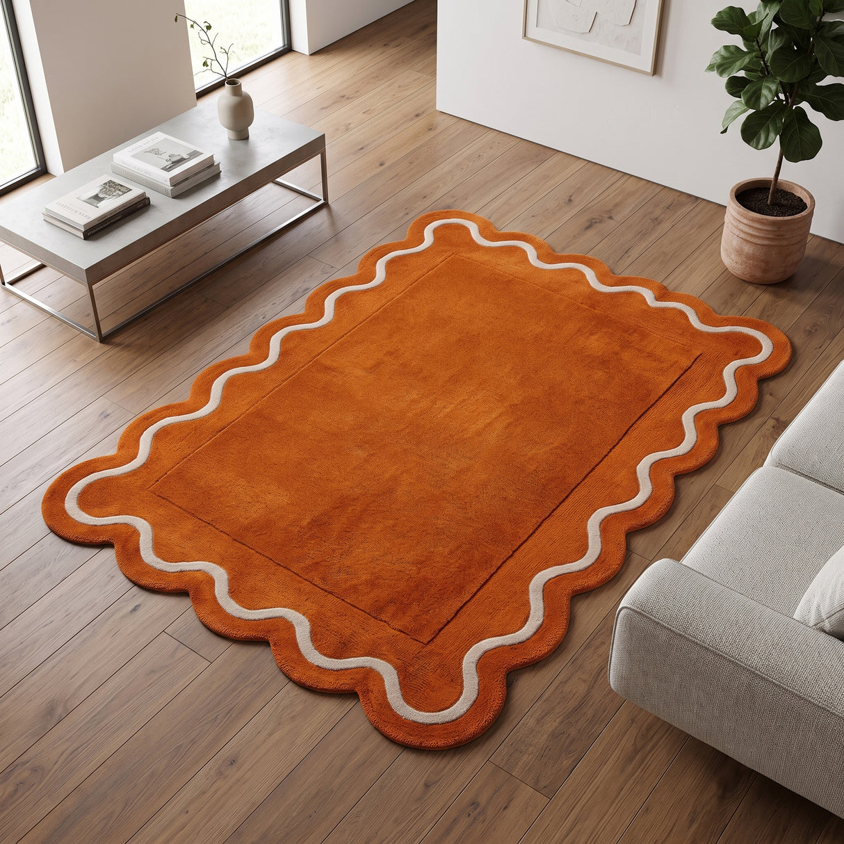 Modern Hand Tufted Wool Rug | Handmade Scalloped Border Carpet