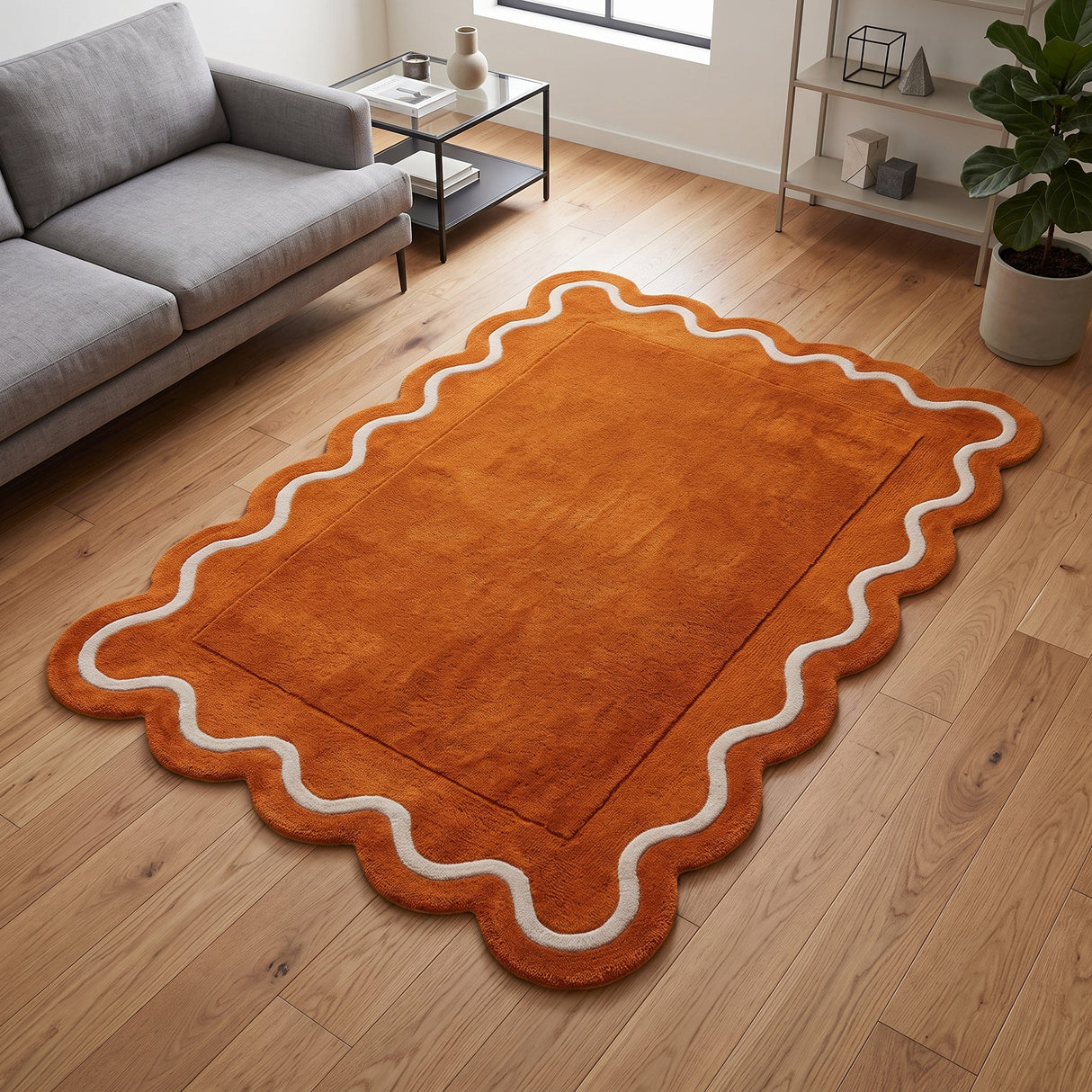 Modern Hand Tufted Wool Rug | Handmade Scalloped Border Carpet
