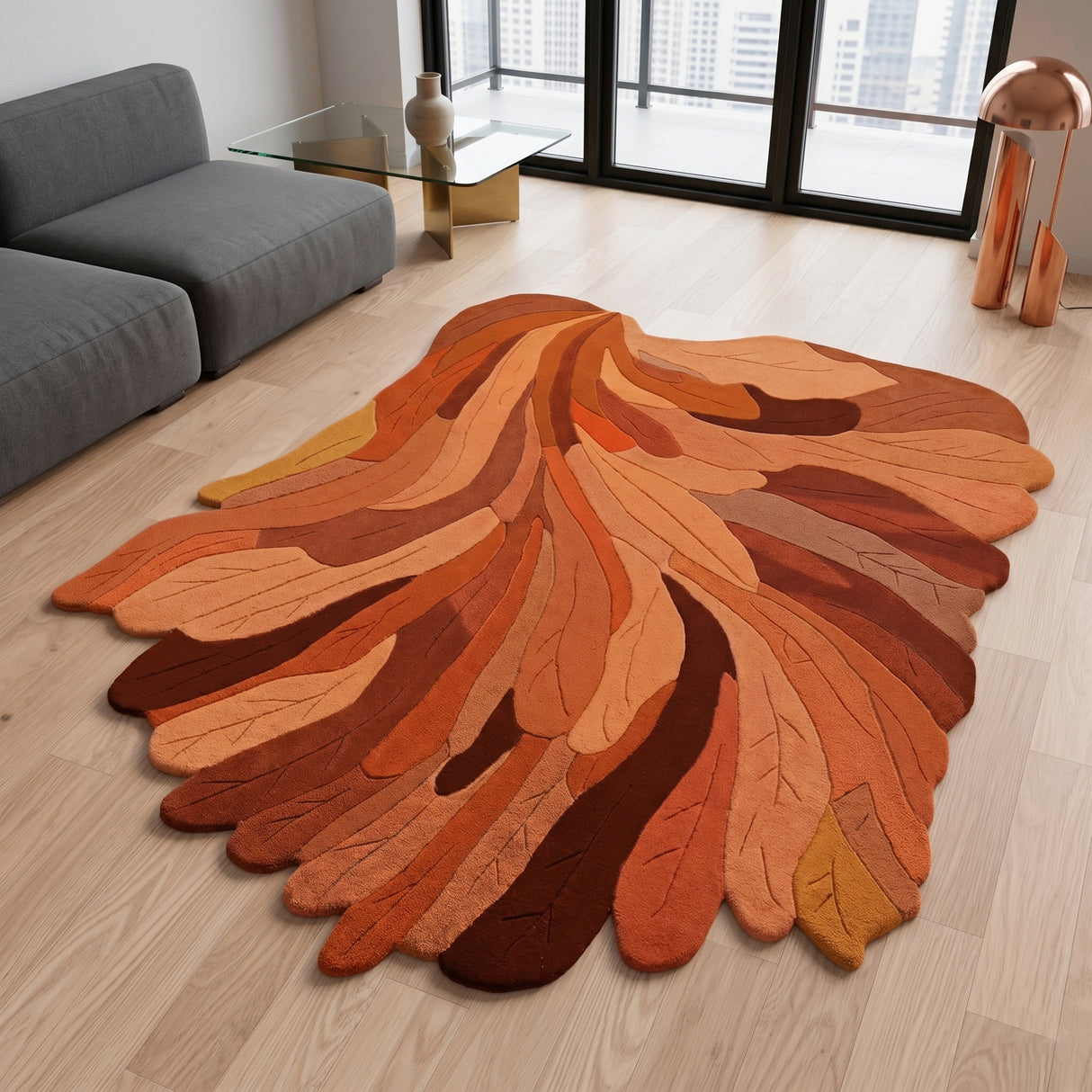 Handmade Irregular Shape Wool Rug | Unique Contemporary Colorful Botanical Design