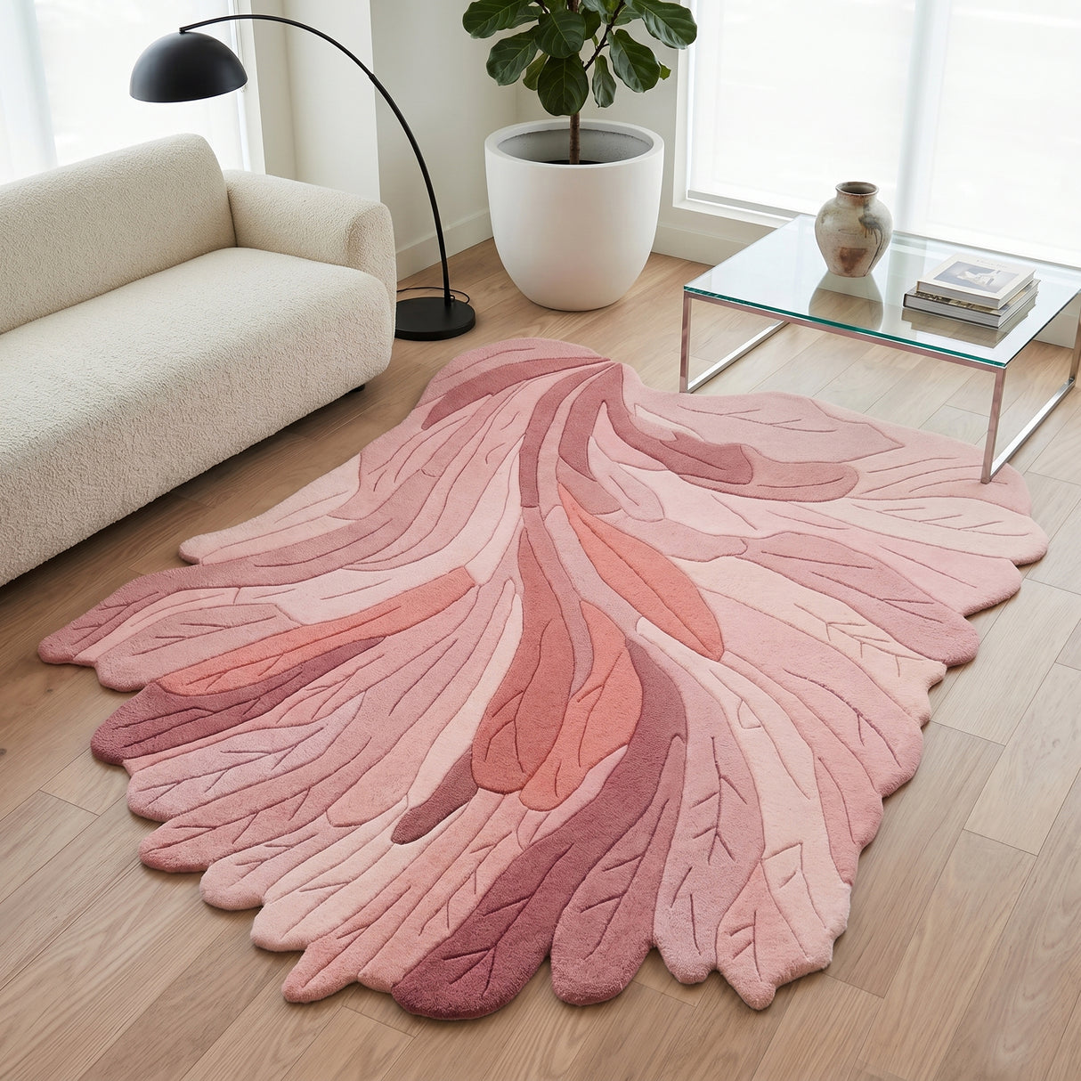 Handmade Irregular Shape Wool Rug | Unique Contemporary Colorful Botanical Design