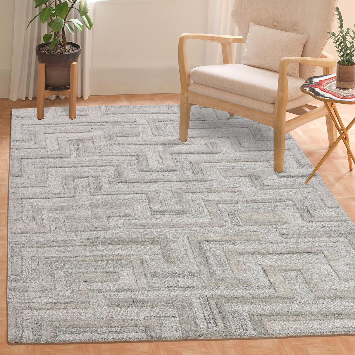 Geometric Wool Rug – Hand-Tufted, Modern Maze Design, Soft & Durable