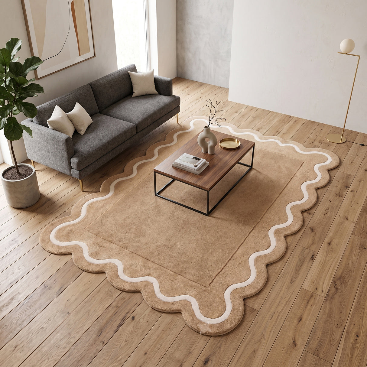 Modern Hand Tufted Wool Rug | Handmade Scalloped Border Carpet