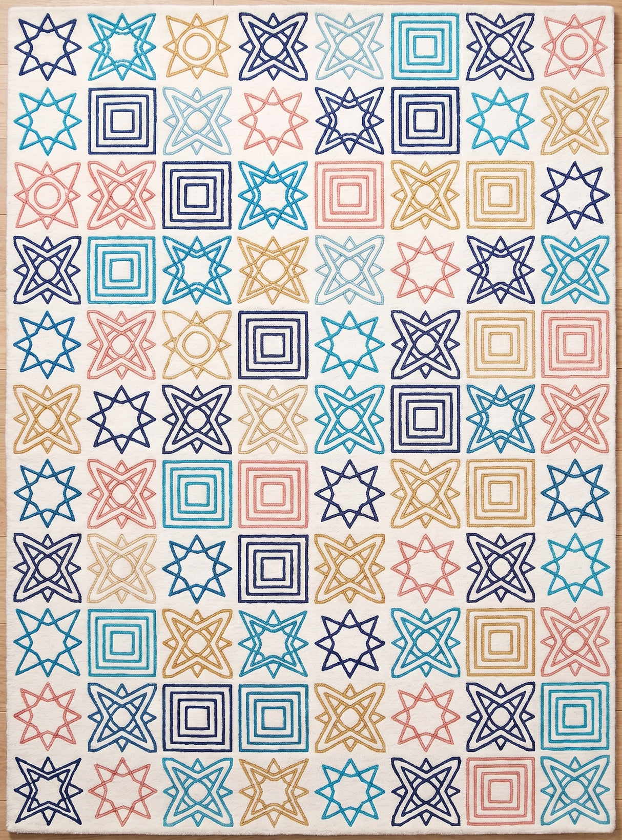 Modern Handmade Wool Rug, Colorful Geometric Star & Square Pattern