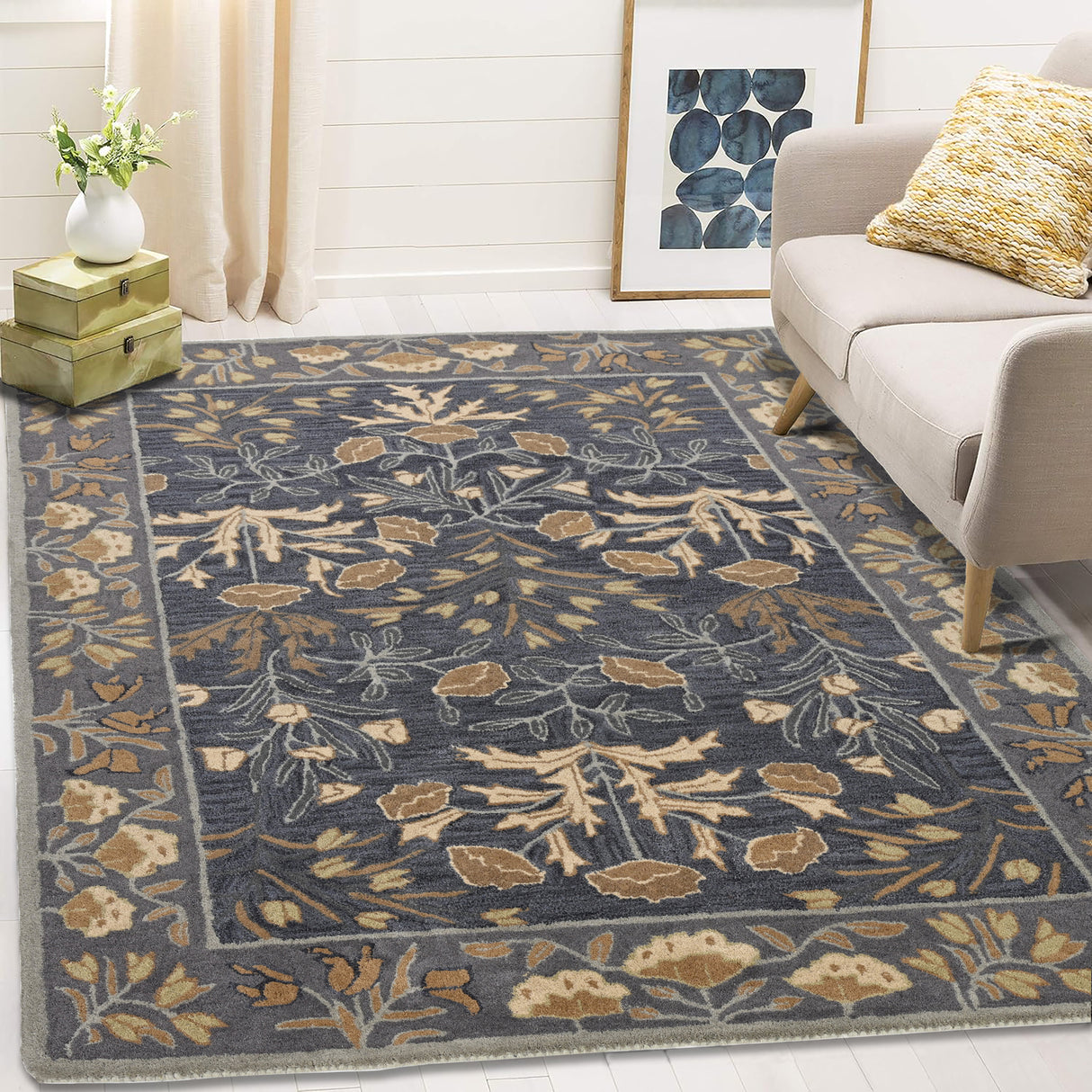 Hand-Tufted Adeline Wool Rug in Beige/Blue with Traditional Floral Tulip Design