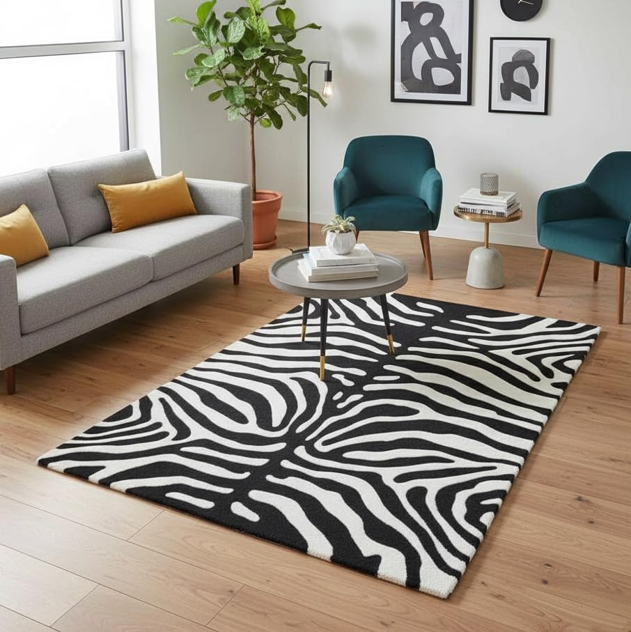 Modern Zebra Print Wool Rug in Black and White