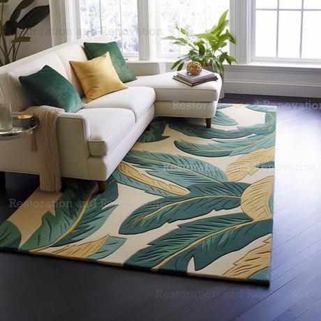 Green Banana Leaf Pattern Wool Rug – Hand-Tufted Botanical Design
