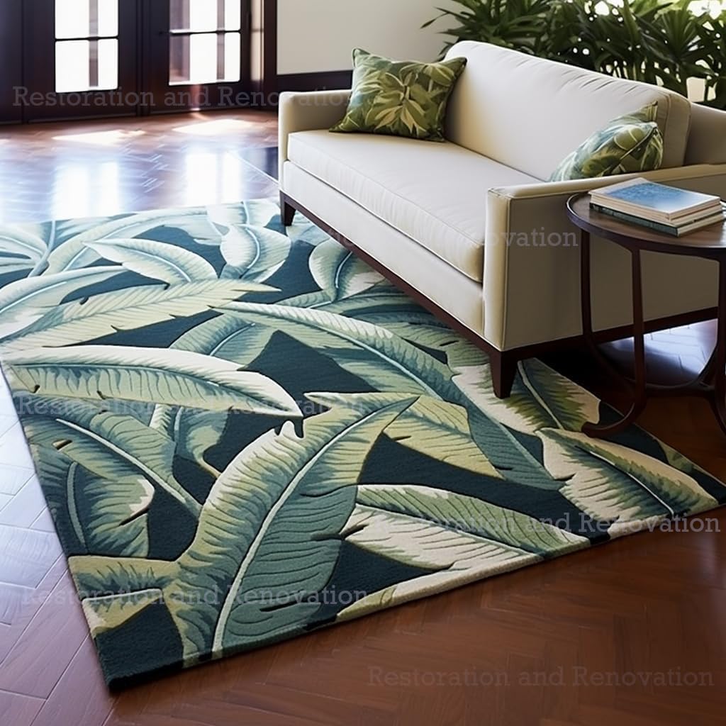 Green Banana Leaf Pattern Wool Rug – Hand-Tufted Botanical Design