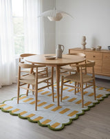 Handmade Scalloped Wool Area Rug - Modern Geometric Pattern & Green-Beige Stripes
