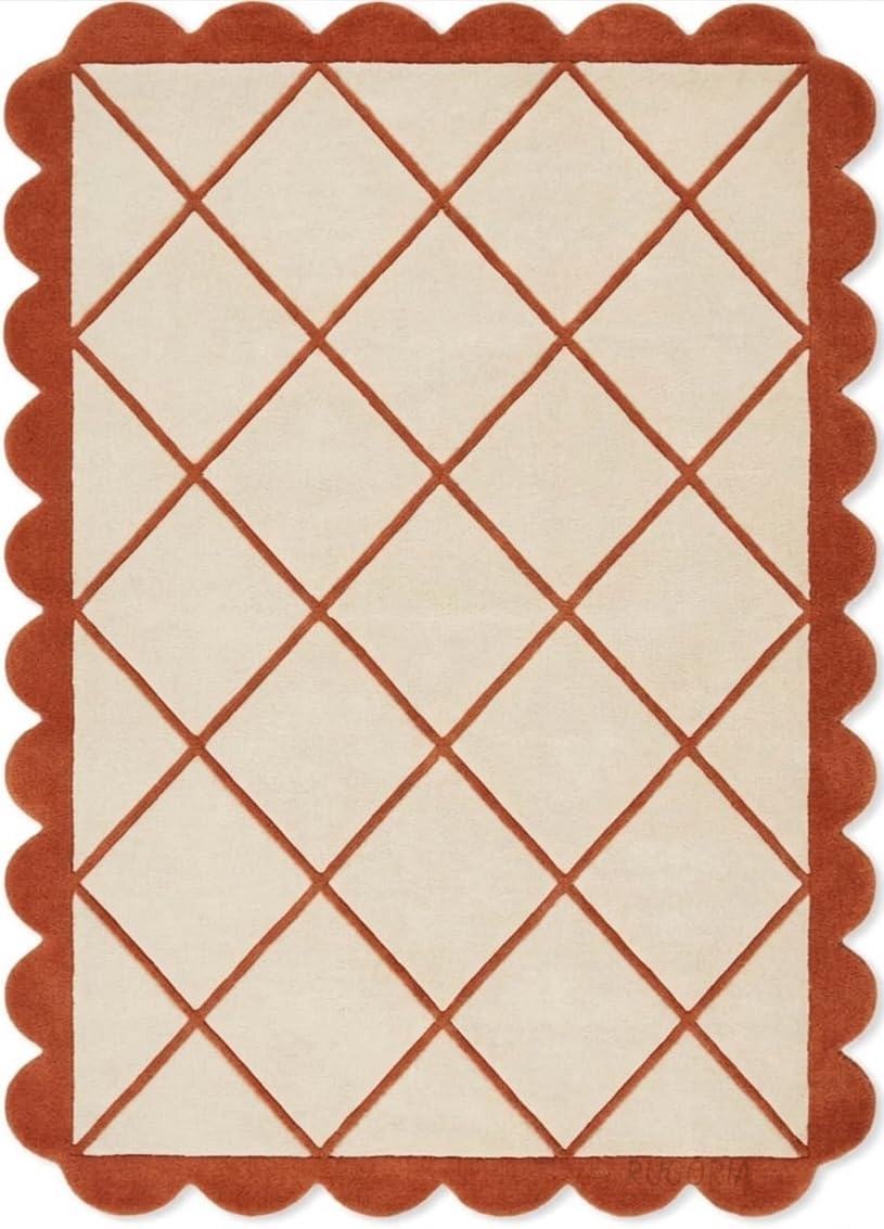 Modern Hand Tufted Wool Rug, Scalloped Border, Geometric Diamond Pattern,
