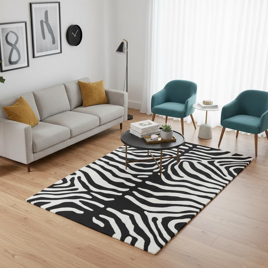 Modern Zebra Print Wool Rug in Black and White