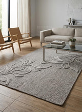 Handwoven Jute Rug with Textured Floral Border Design, Natural Fiber Rug