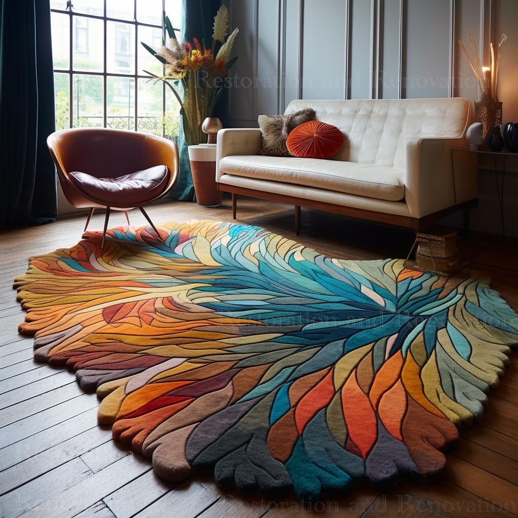 Handmade Irregular Shape Wool Area Rug - Unique Contemporary Botanical Design, Thick & Soft Carpet