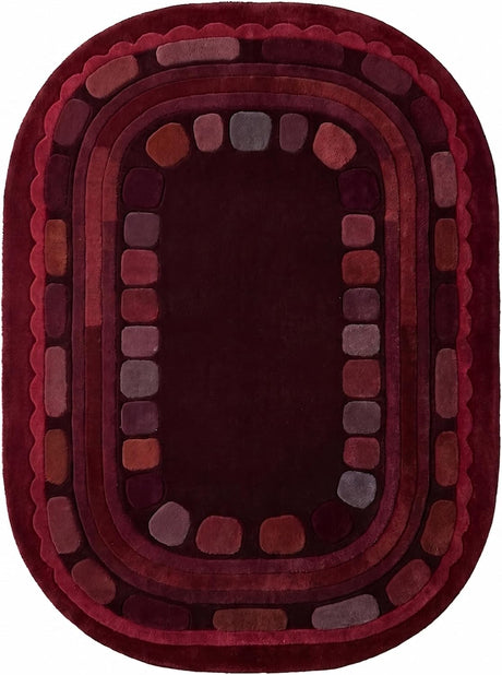 Hand Tufted Wool Rug, Rounded Rectangle Geometric Border Design,