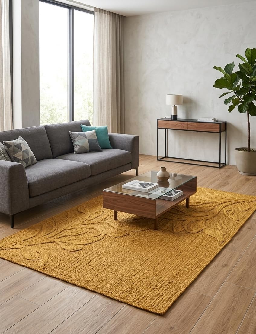 Handwoven Jute Rug with Textured Floral Border Design, Natural Fiber Rug