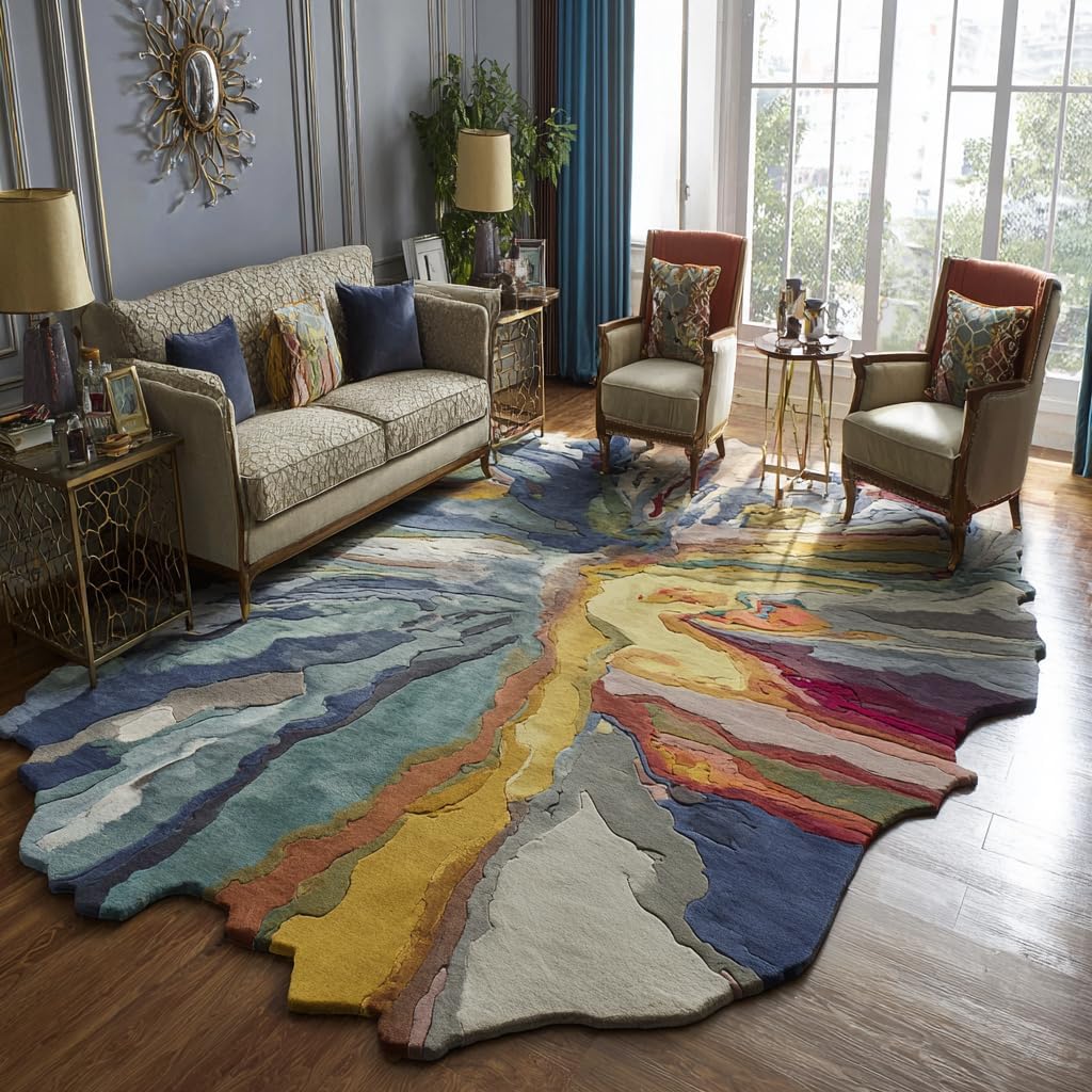 Handmade Irregular Shape Wool Area Rug – Colorful Abstract Tufted Carpet