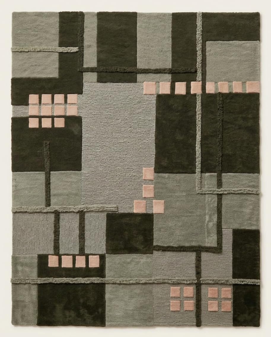 Hand-Tufted Wool Area Rug, Modern Patchwork Geometric Design