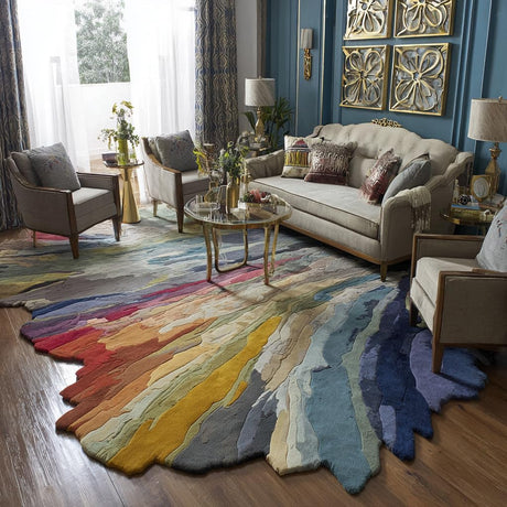 Handmade Irregular Shape Wool Area Rug – Colorful Abstract Tufted Carpet