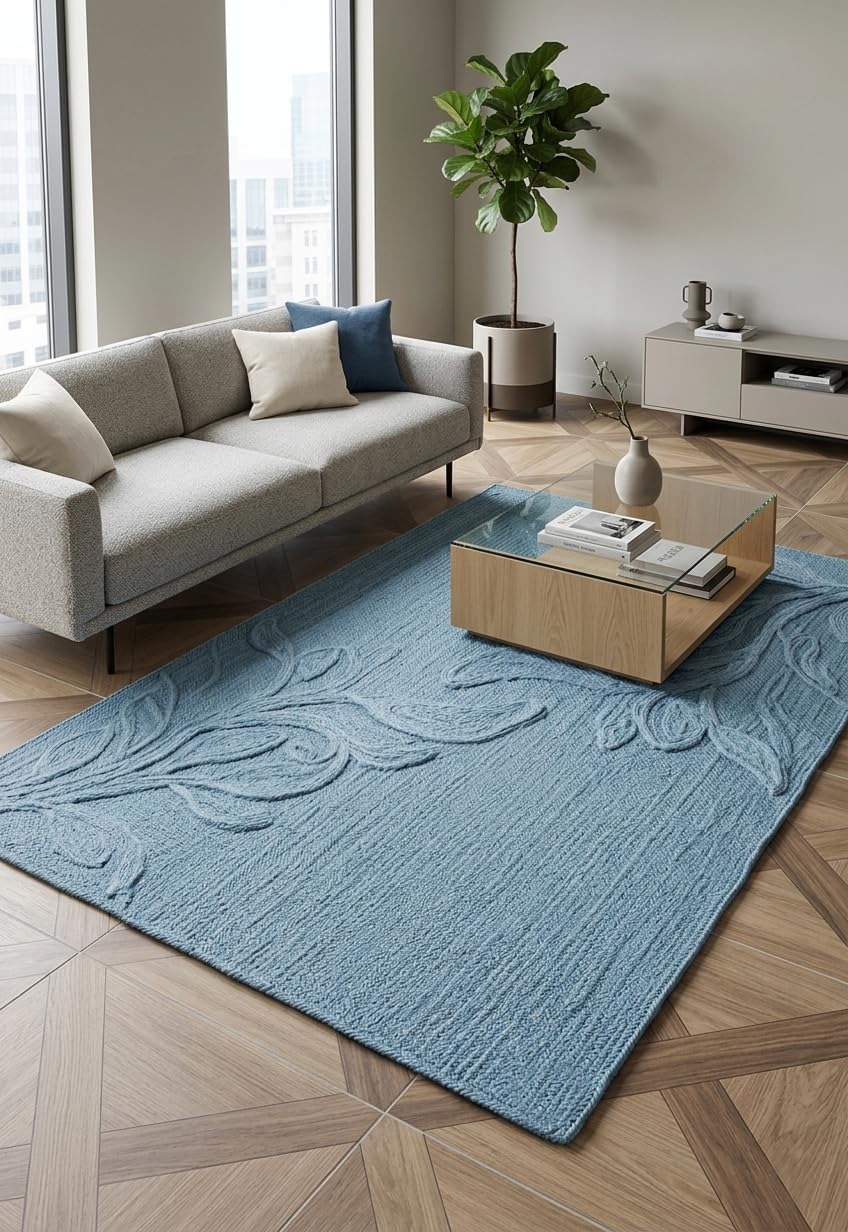 Handwoven Jute Rug with Textured Floral Border Design, Natural Fiber Rug