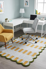 Handmade Scalloped Wool Area Rug - Modern Geometric Pattern & Green-Beige Stripes